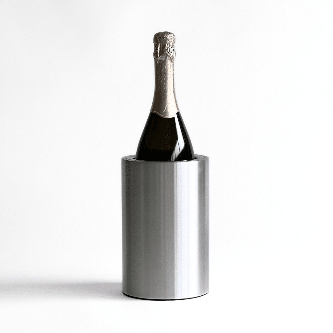 Coolenator classic silver design wine cooler with a bottle of wine