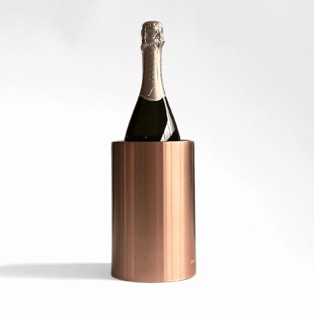 Coolenator copper deluxe design wine cooler with a bottle of wine