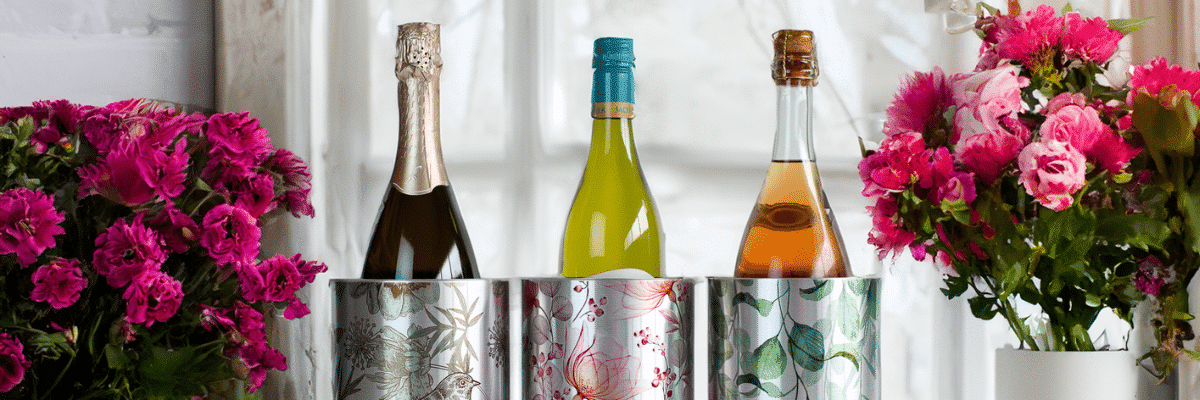 flower wine coolers in a row with different floral patterns