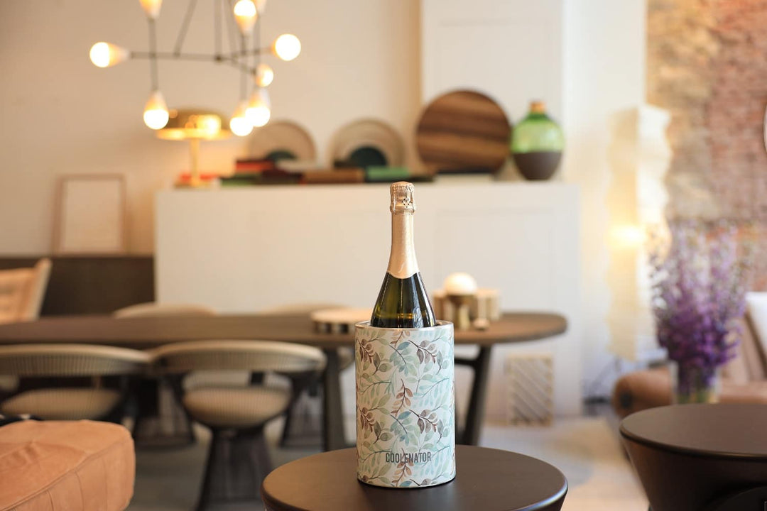 flower wine and bottle cooler on a table in a mordern interiour home