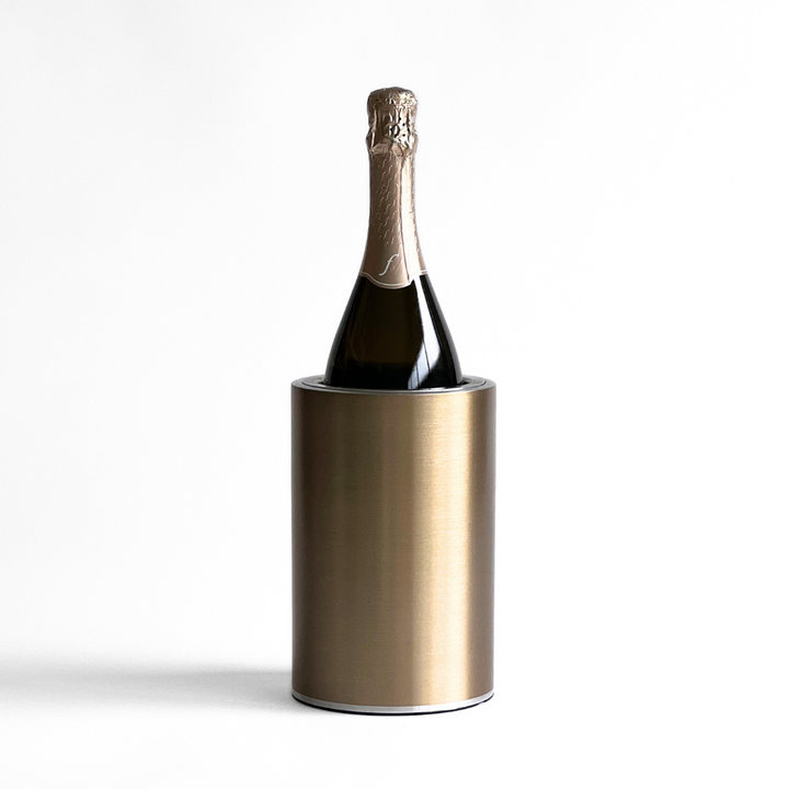 Coolenator gold design wine cooler with a bottle of wine