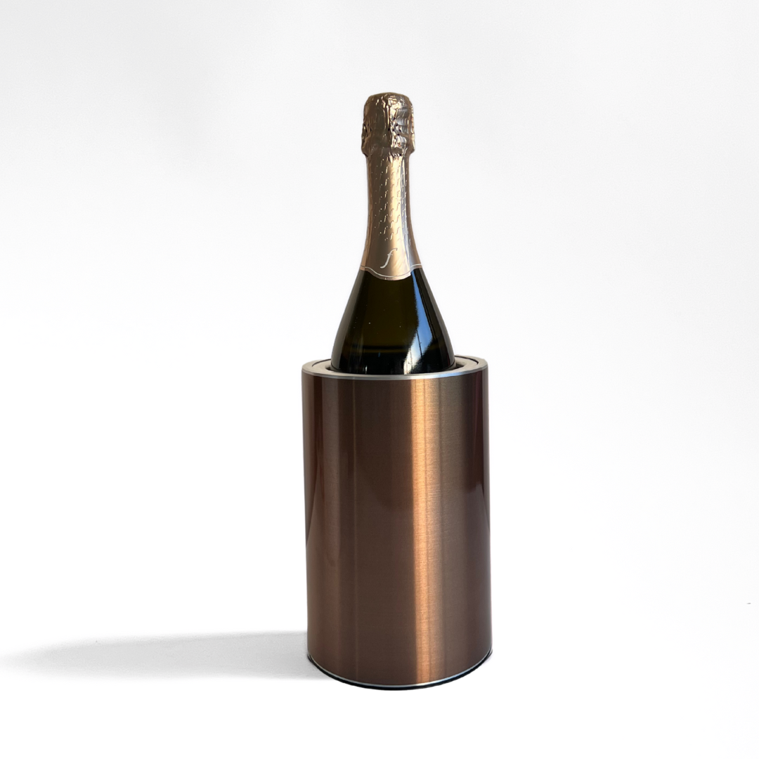 The Coolenator wine cooler bronze with a bottle of wine.