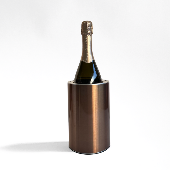 The Coolenator wine cooler bronze with a bottle of wine.