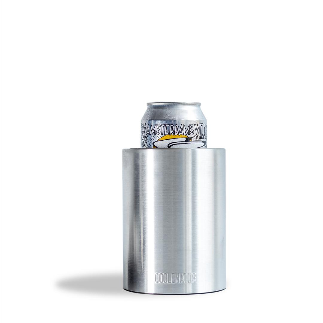 The coolenator beer cooler silver with a can of beer in it.