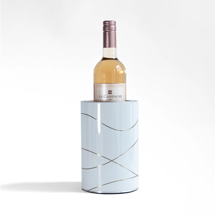 Coolenator wine cooler gold and white design with a bottle of rose wine in it. 