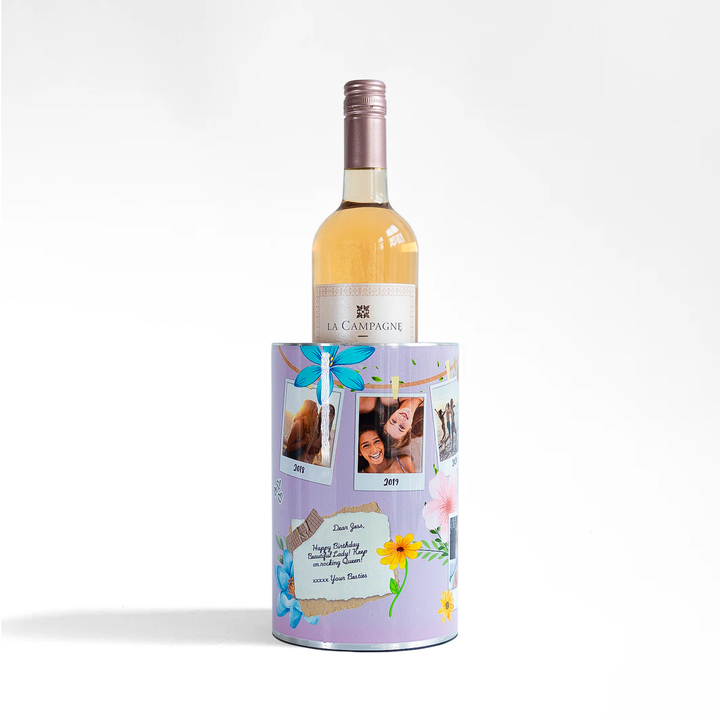 Purple personalized with pictures Coolenator wine cooler with a bottle of rose wine in it.