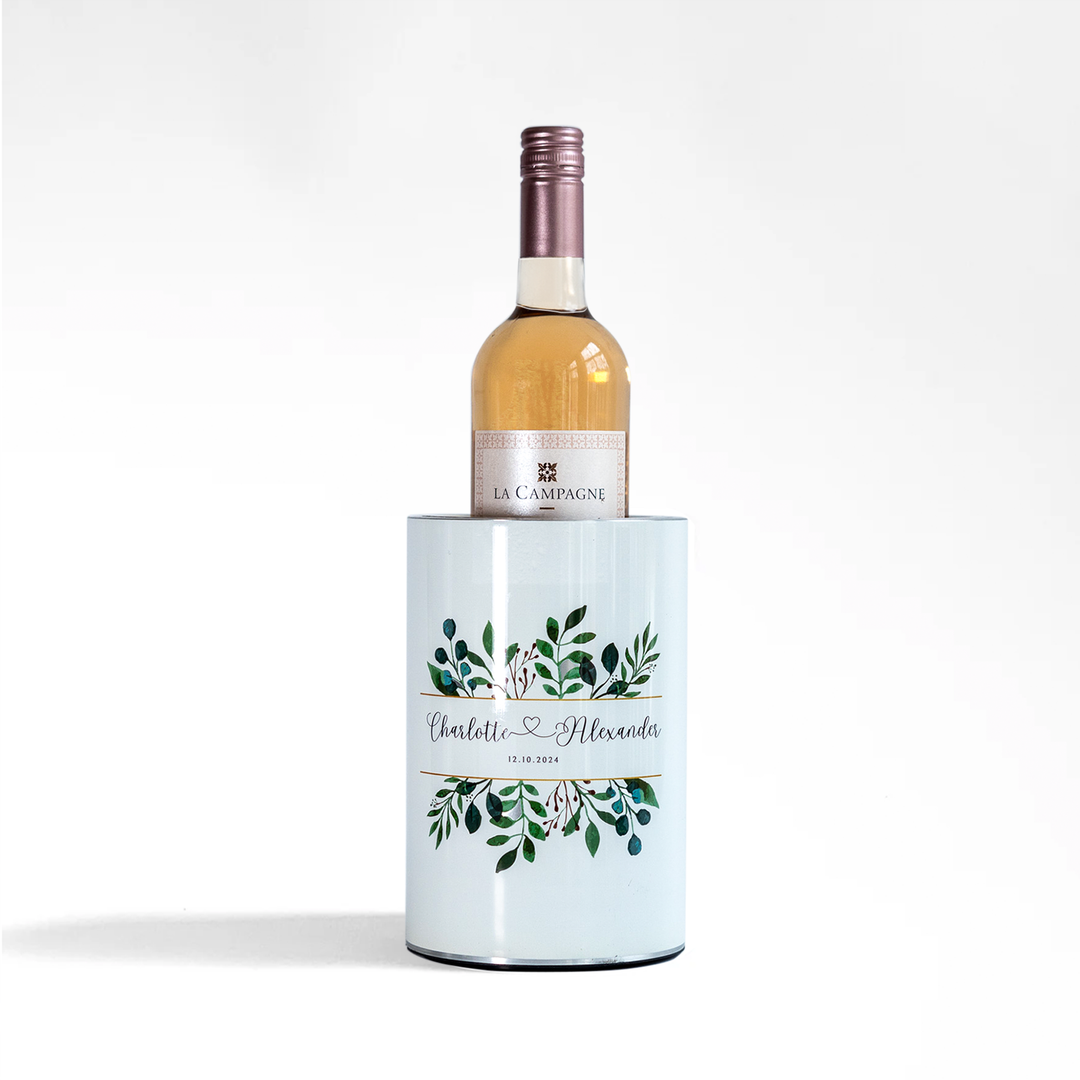 White personalized Coolenator wine cooler with a bottle of rose in it.